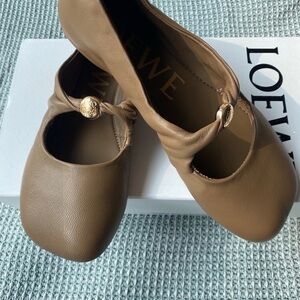 Loewe Tan Leather Mary Jane Ballet Flats with Gold Logo Button